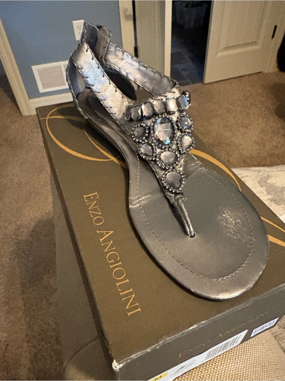 Enzo Angiolini Metallic Silver Jeweled T-Strap Sandals